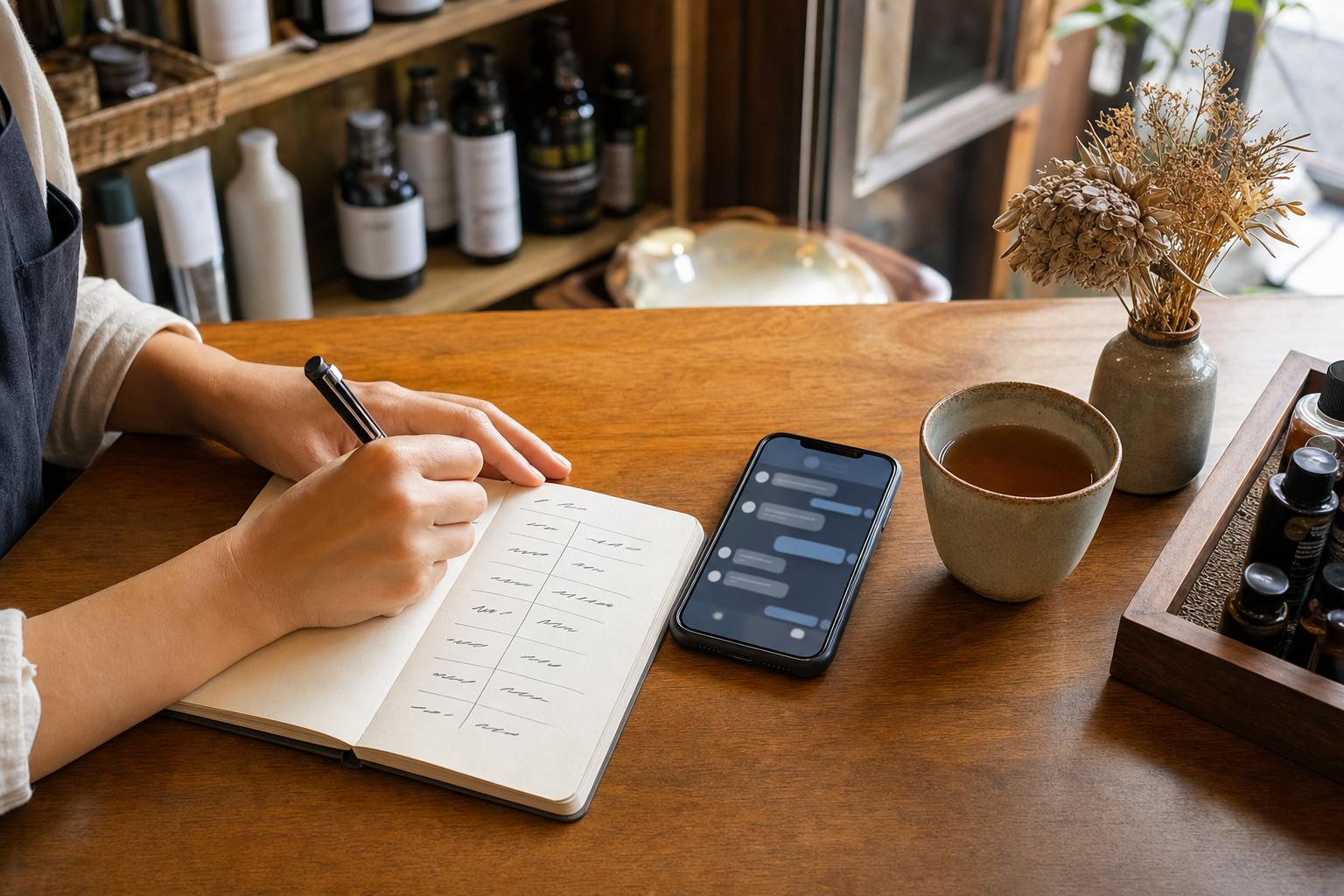 ノートに店の情報を書き出している手元と、隣に置かれたスマートフォン