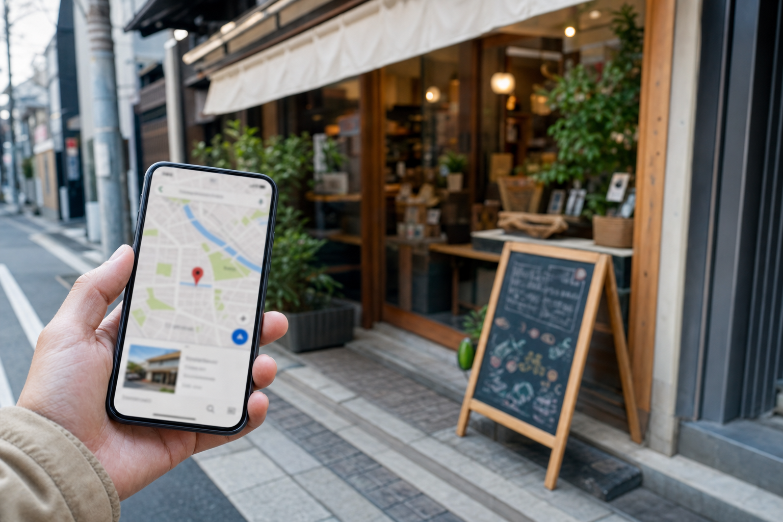 店先に置かれた小さな看板と、地図アプリで店を確認するお客様のスマートフォン