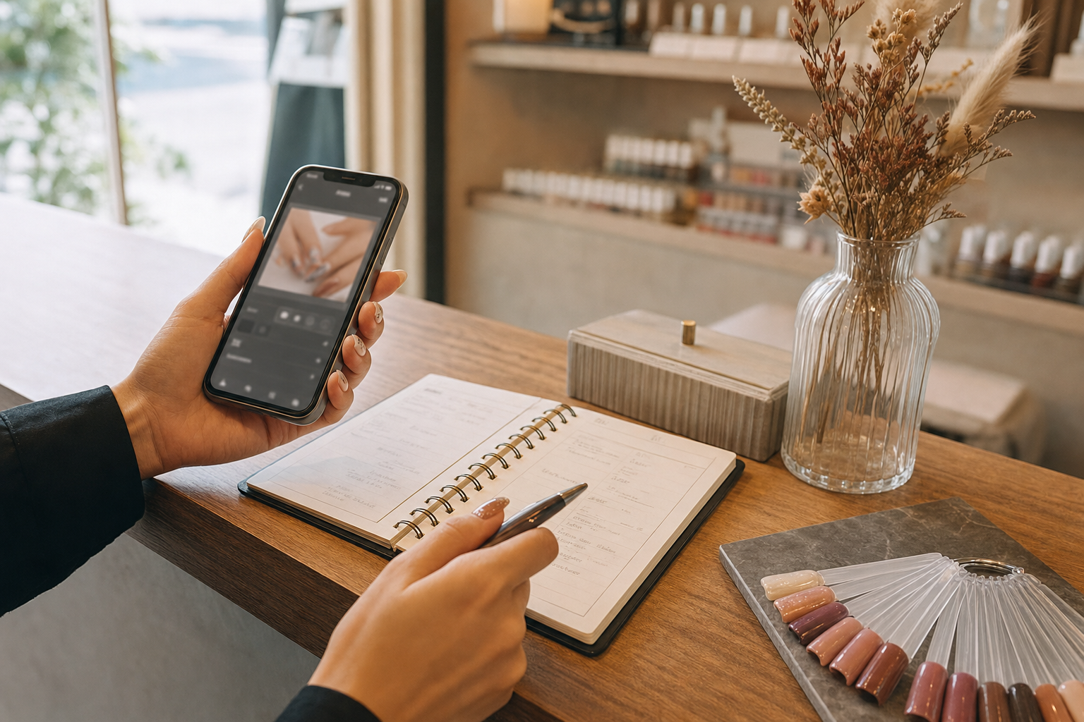 ネイルサロンの受付で、スマートフォンとノートを前に販促の計画を立てる店主の手元