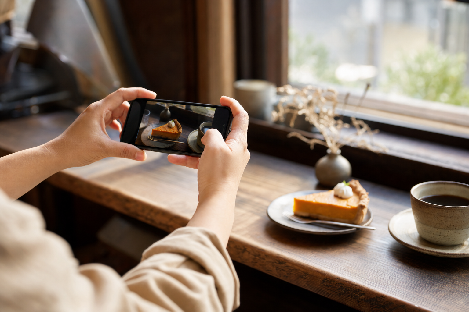 カフェのテーブルで、ケーキをスマートフォンで撮影する店主の手元