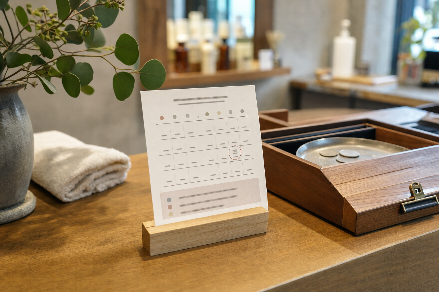 会計カウンターに置かれた、次回来店の目安を書いた小さなカード