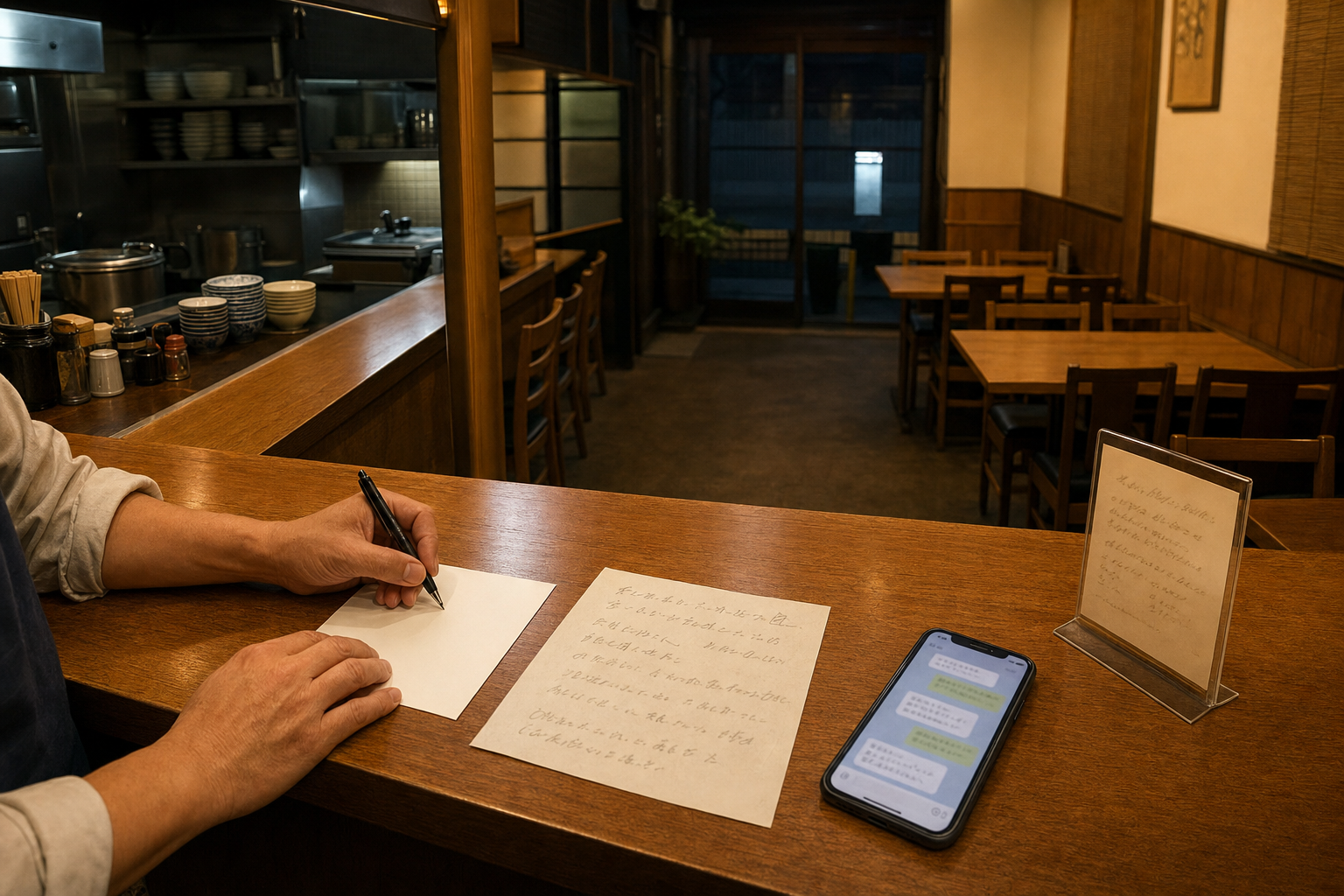 閉店後の店のカウンターで、価格改定のお知らせを手書きしている店主の手元