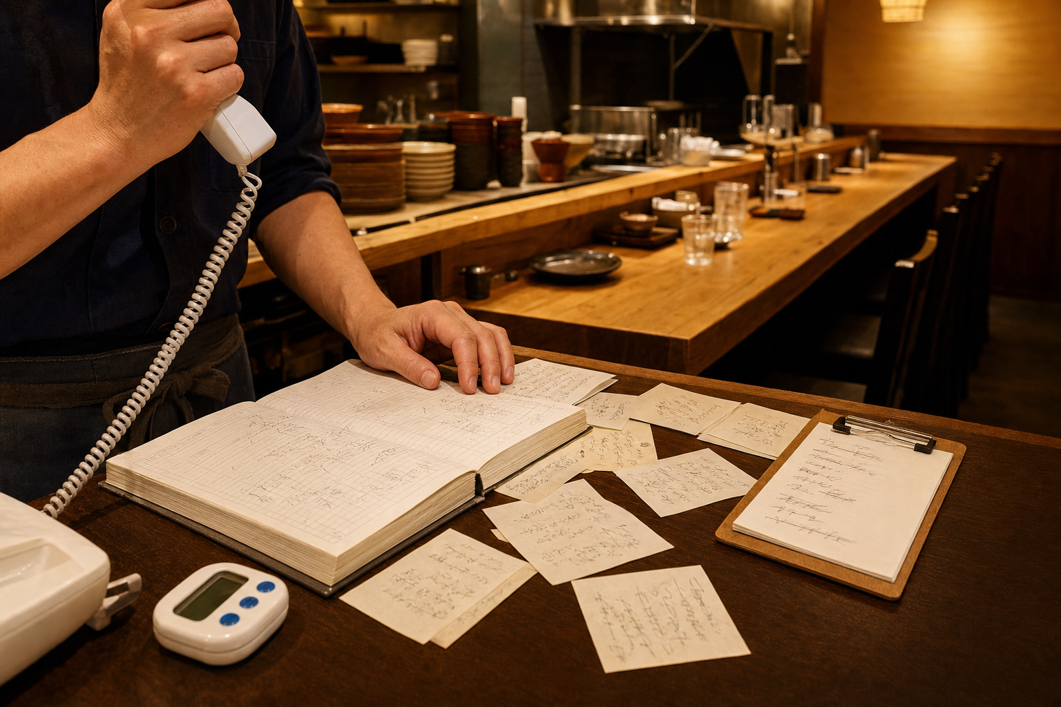 居酒屋のカウンターで、予約表と発注メモと電話が同時に押し寄せる店主の手元