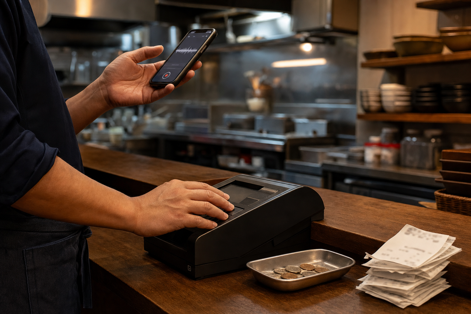 閉店後の厨房でレジ締め作業をしながら、スマートフォンに作業を実況する店主の手元