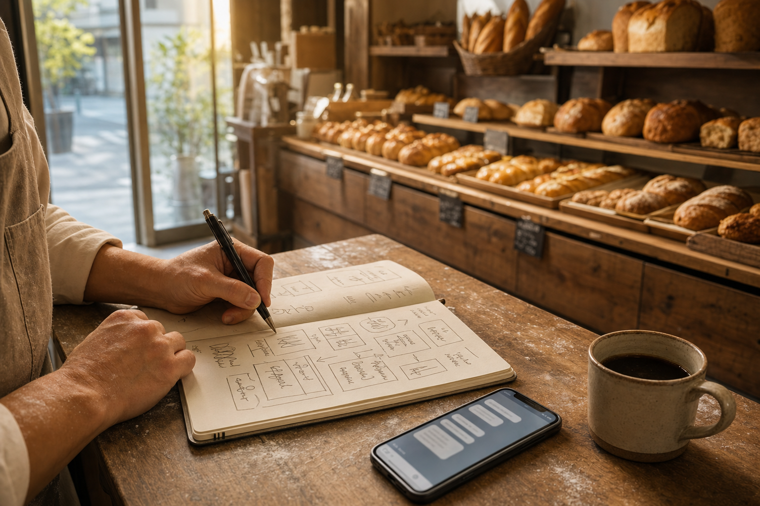 朝のパン店の作業台で、求人の下書きノートを前に考える店主の手元