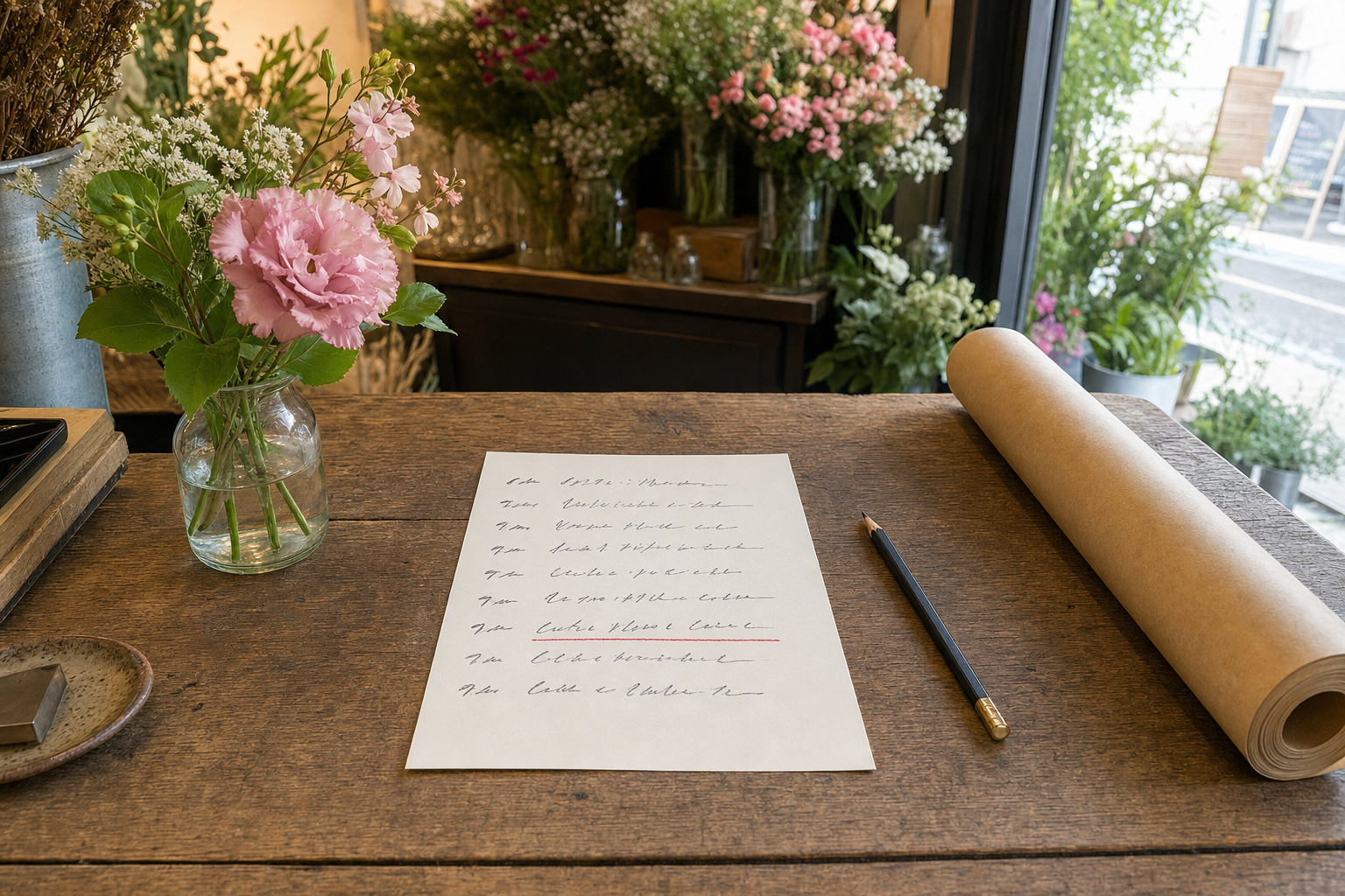 花店のカウンターに置かれた手書きの一枚企画書と季節の花