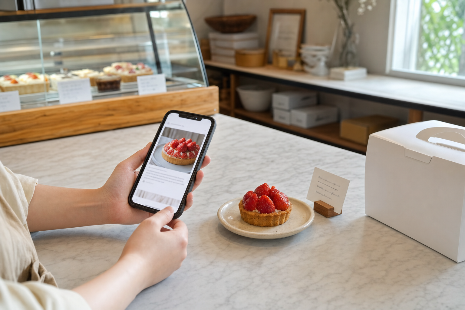 焼き菓子店の作業台で、いちごのタルトの実物とスマートフォンの投稿下書きを見比べる店主の手元
