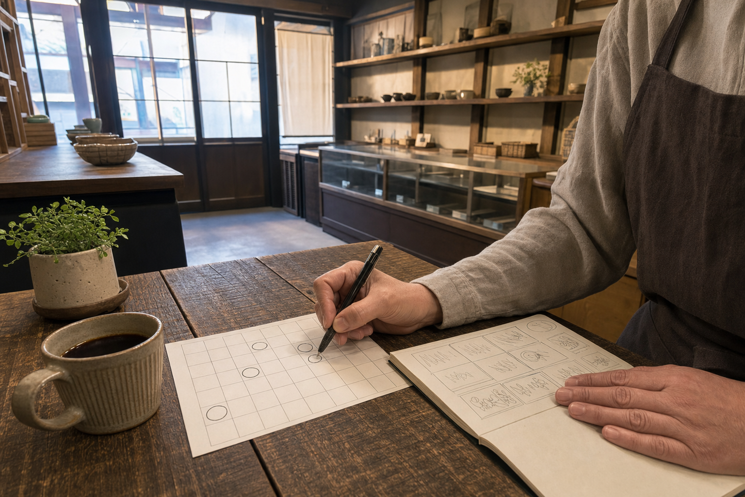 店のテーブルで、30日のカレンダーに印を付けながら計画ノートを書く店主の手元