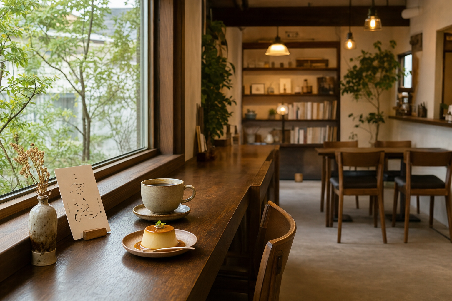 午後の静かな小さなカフェの店内。一人席と窓からの光