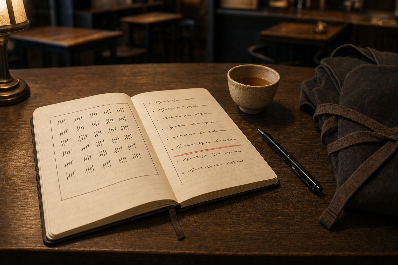 カフェのテーブルに置かれた30日の振り返りノートと正の字の記録