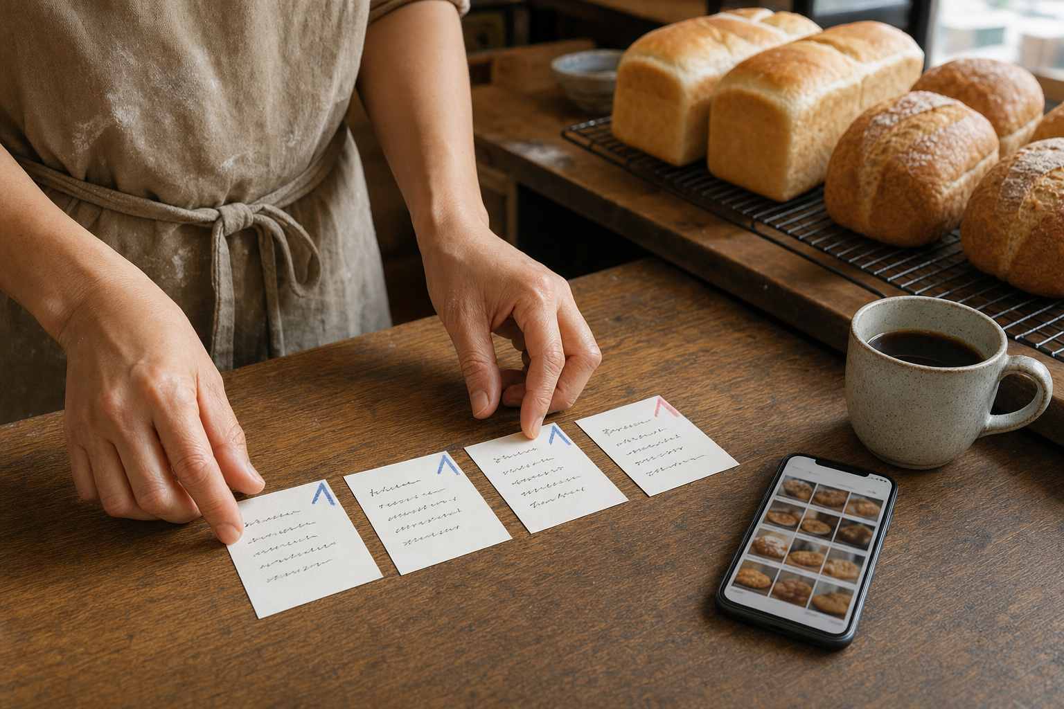 ベーカリーの作業台で、4枚のカードに投稿の話題を書き分けている店主の手元