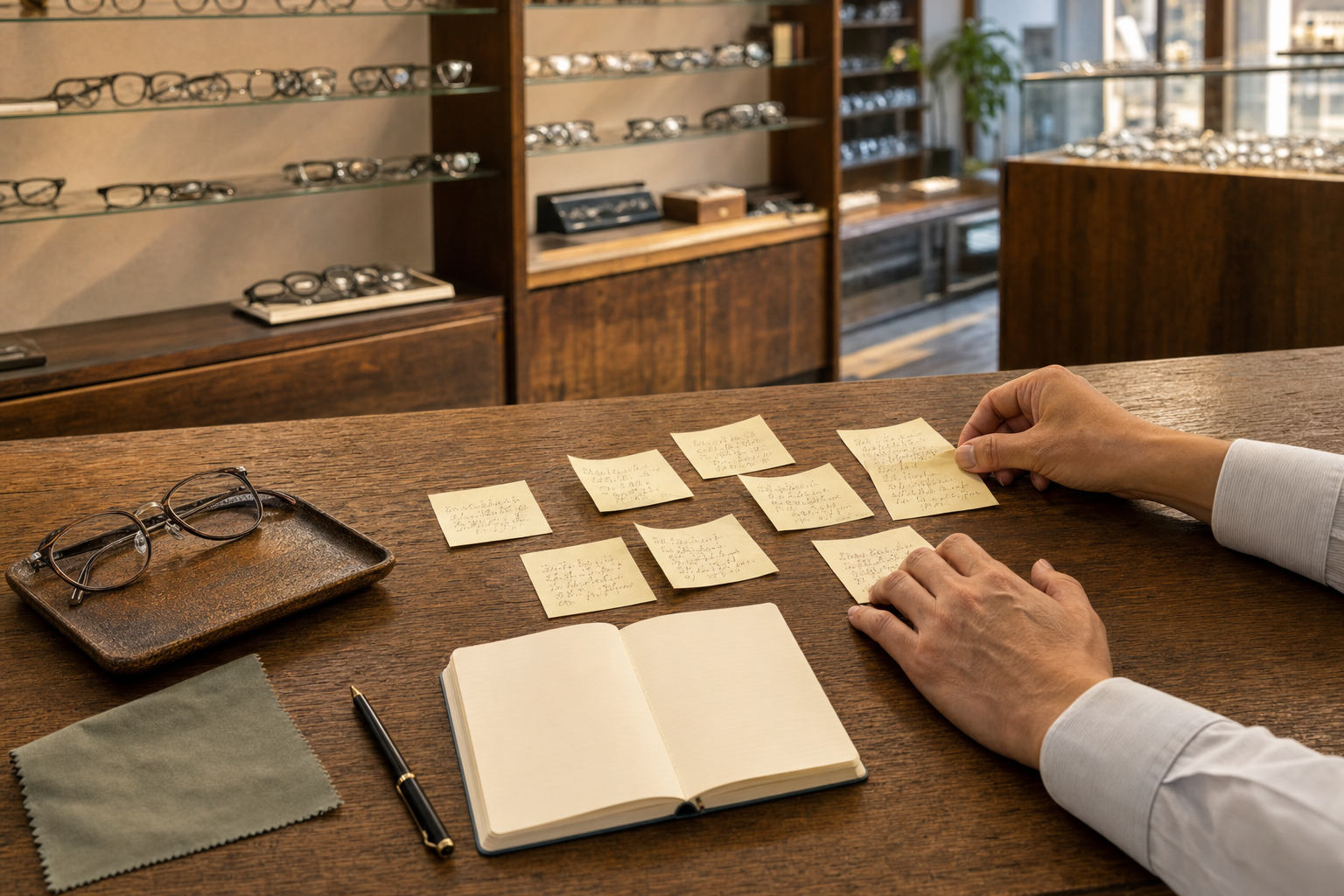 眼鏡店のカウンターで、お客様の言葉を書き出した付箋を並べる店主の手元
