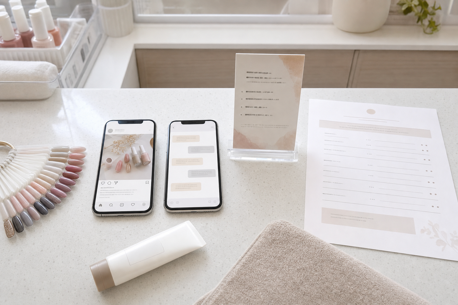 ネイルサロンのカウンターに並んだ、同じ企画の4種類の案内。スマホ画面2つと店内POPと予約ページ