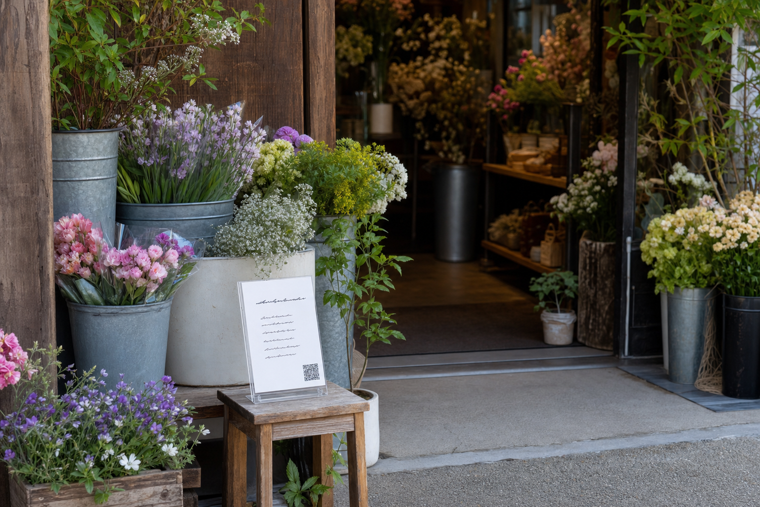 花店の入口に置かれた、英語の案内カードとQRコードのスタンド
