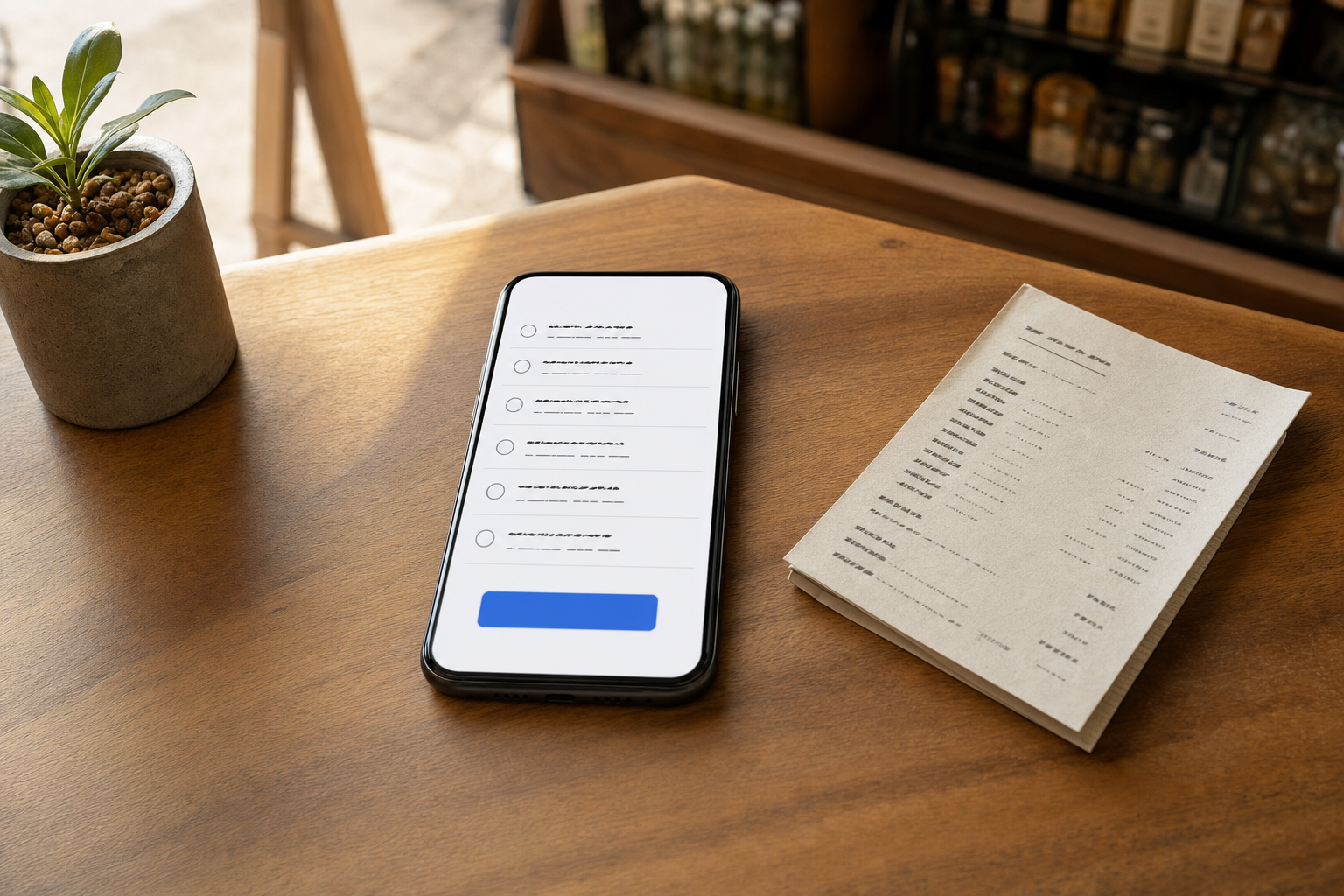 店のカウンターに置かれたスマートフォン。予約画面に似たようなメニューが並んでいる