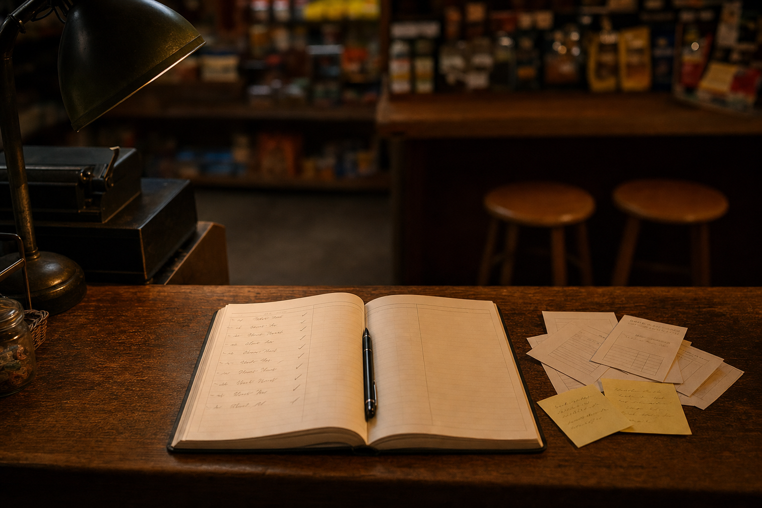 閉店後の店のカウンターに開かれた予約台帳。左ページには記入があり、右ページは空白のまま