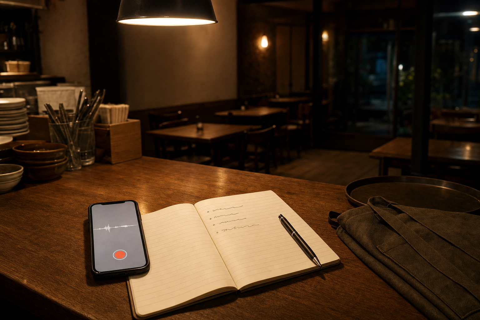 閉店後の店のカウンターに置かれた、録音中のスマートフォンと開いた引き継ぎノート