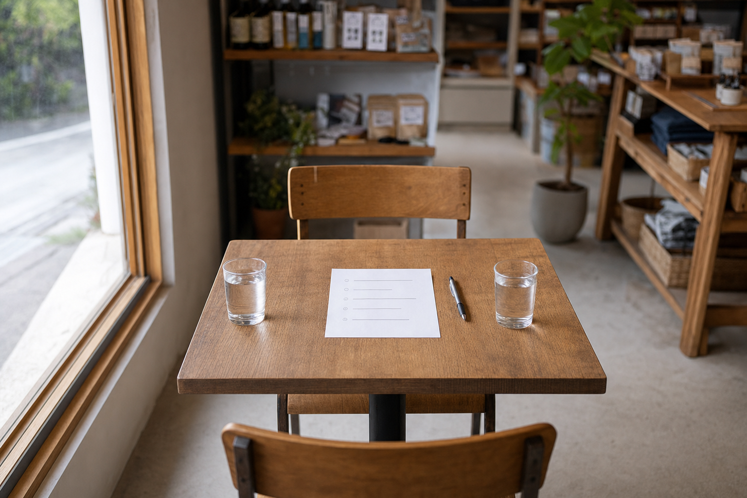 面接前の小さな店のテーブル。椅子が向かい合い、質問リストとペンが置かれている