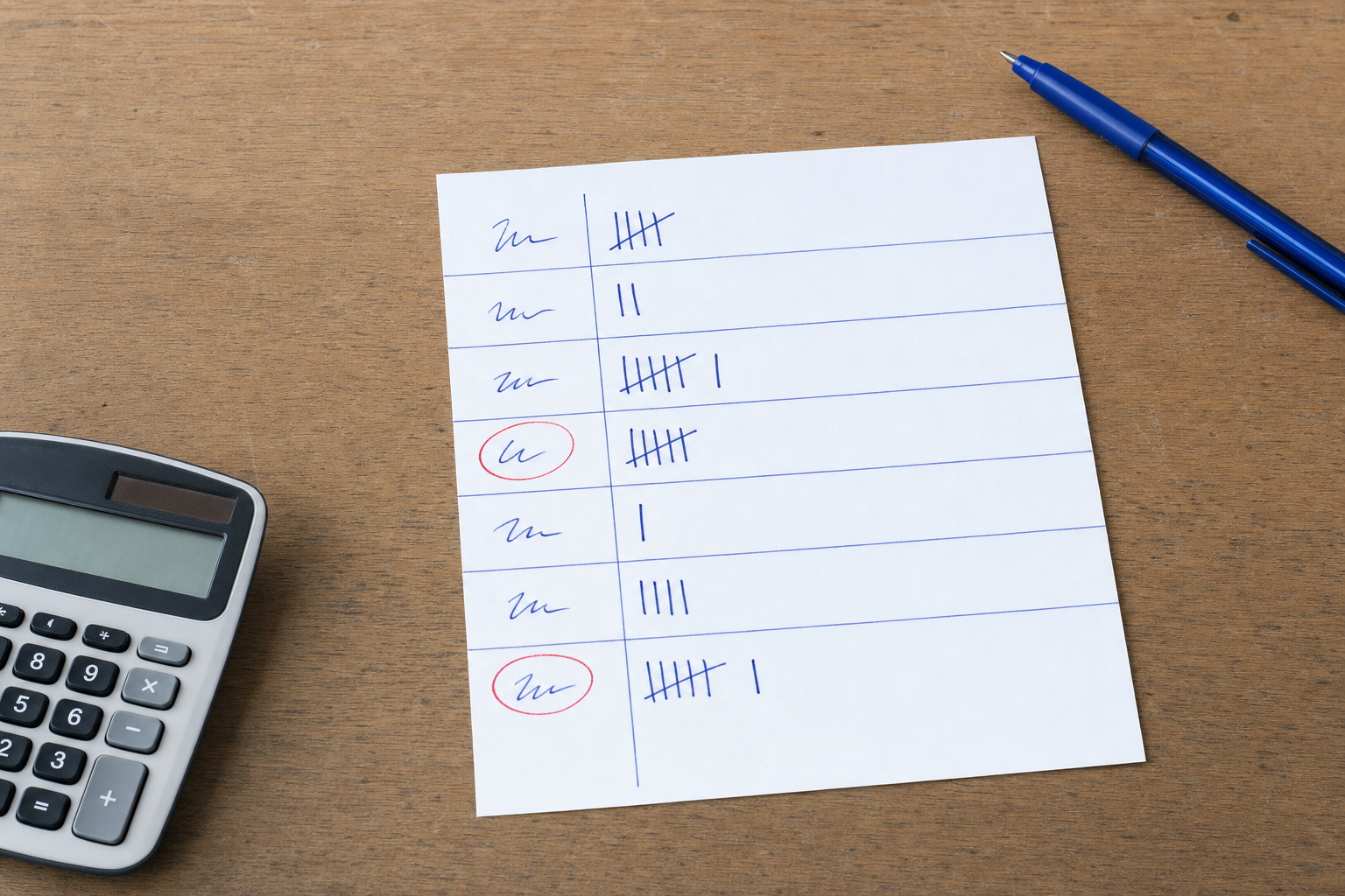 手書きの7日間集客記録シート。項目ごとに正の字で数え、2行に赤丸が付いている