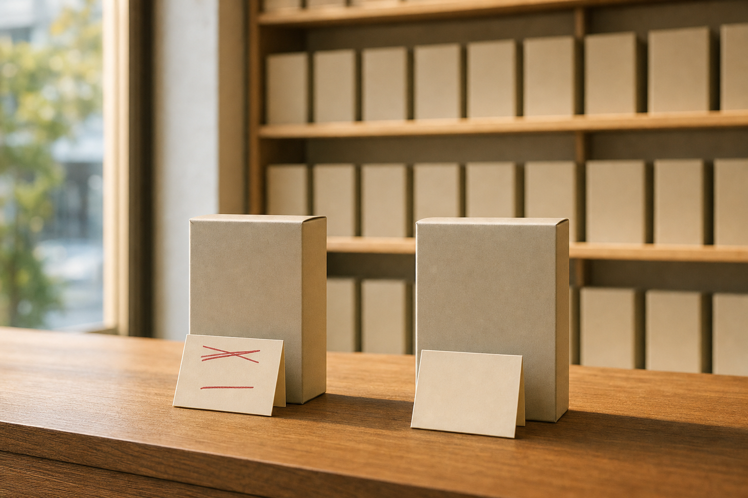 棚に並ぶ同じような箱。手前の2つのうち片方は値札を赤で消して安くしている