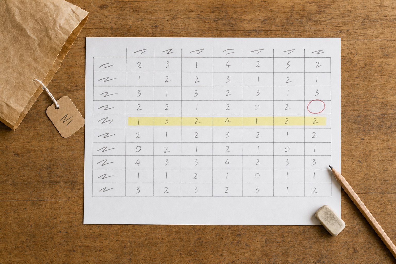 仕事ごと・人ごとに0〜4を書き込んだスキル表。1行が黄色で強調され、空欄が赤丸で囲まれている