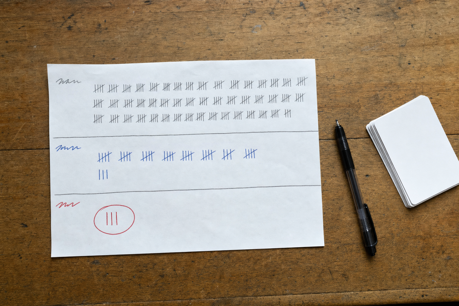 3段に分けた記録用紙。上段は鉛筆の正の字が多数、中段は青が少し、下段は赤で3本だけ赤丸