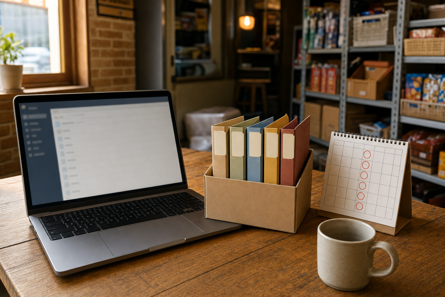 店のバックヤードの机。サイドバーのある画面を開いたノートPC、5冊のファイルを立てた箱、毎週同じ曜日に赤丸を付けたカレンダー