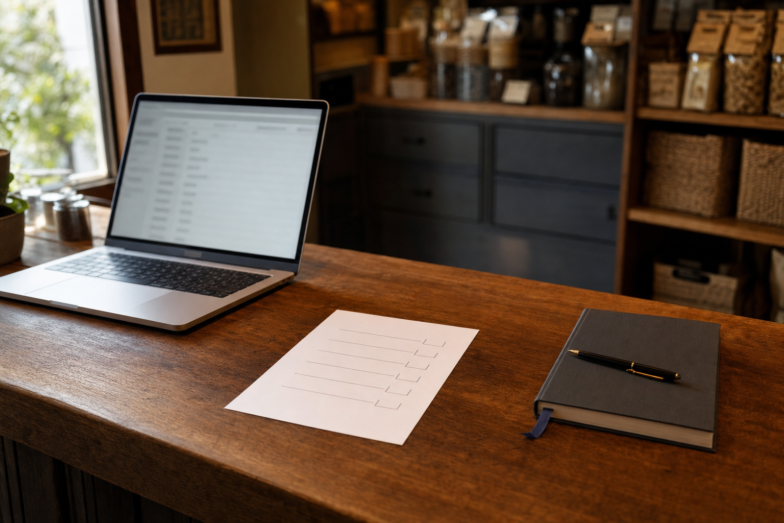 店のカウンター。左にノートPC、中央に空欄だけが並んだ用紙、右端にペンを載せた閉じたままの顧客台帳