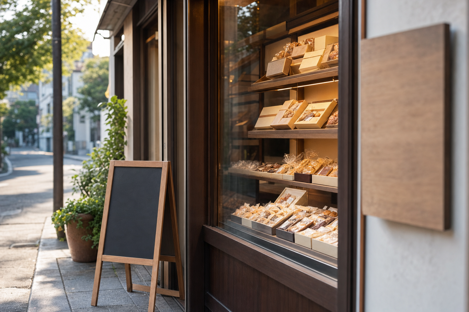 住宅街の小さな菓子店の店先。看板もA型黒板も無地で名前がなく、窓越しに個包装の焼き菓子の箱が並んでいる