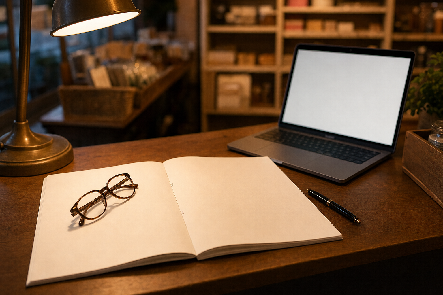 夜の店のカウンター。ランプの光の下に開かれた冊子と眼鏡があり、奥のノートPCの画面は白く飛んでいる