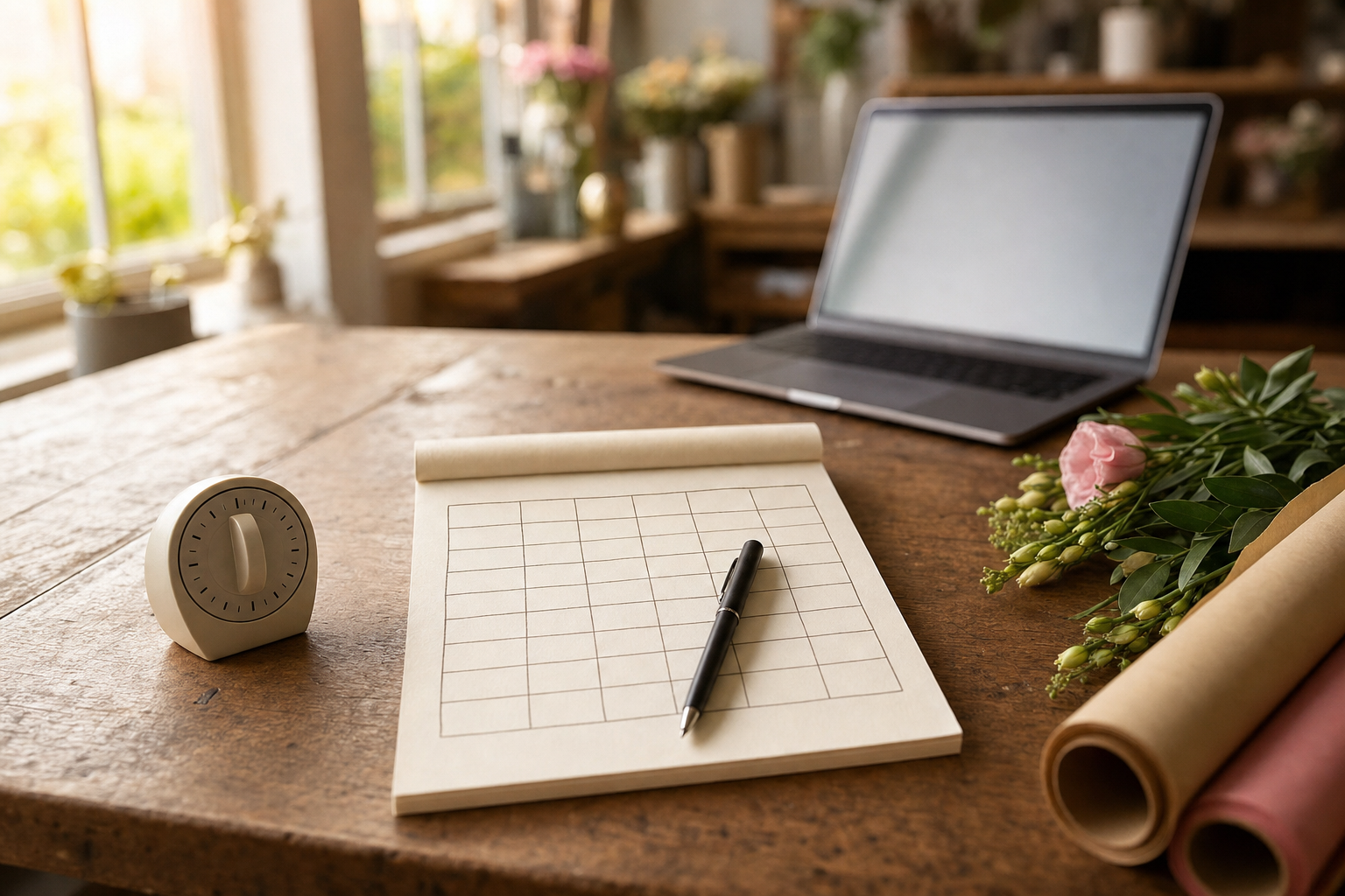 花店のカウンター。手描きの空白の比較表とペン、短時間用のタイマー、奥にノートPCと花材
