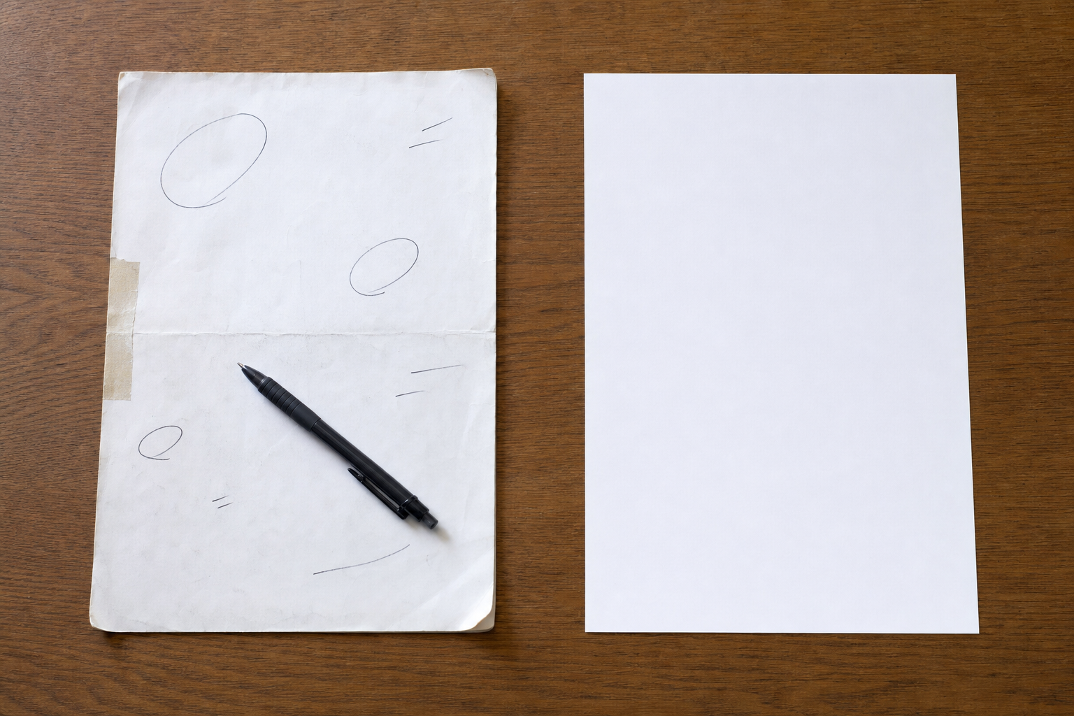 木の机に2枚の紙。左は折り目・手書きの丸・テープ補修のある使用感のある紙、右は真っ白な未使用の紙