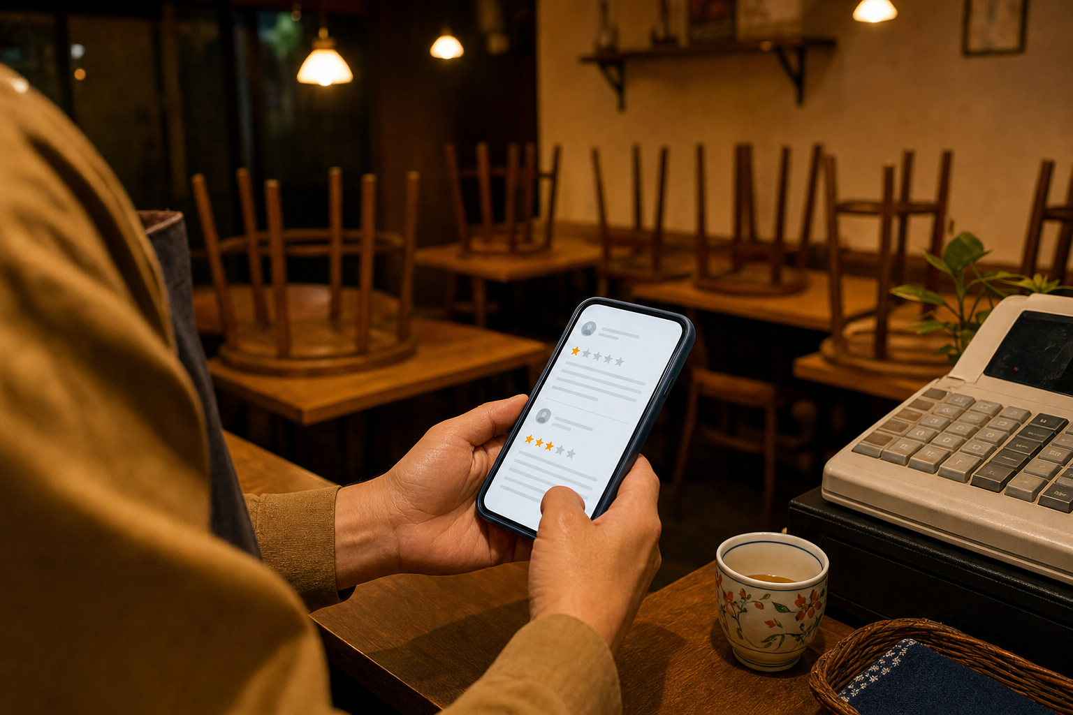 閉店後の店内で、スマートフォンの口コミ画面を見つめる店主の手元